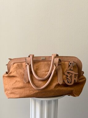 Vintage Gianfranco Ferre Tan Suede Shoulder Tote Bag with Buckle Straps